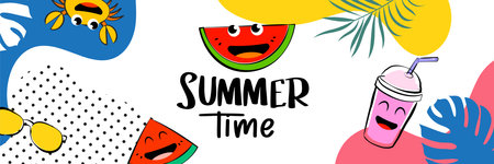 Hello summer kid poster design with fun cartoon characters.のイラスト素材