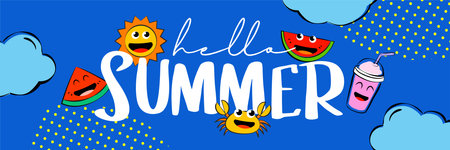 Hello summer camp poster design with fun cartoon characters.のイラスト素材