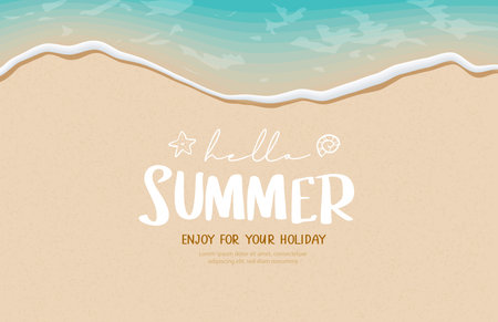 Hello summer with soft waves and foam on the sandy beach. Summer greeting card.のイラスト素材