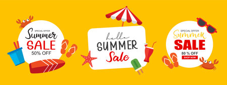 Hello summer poster and banners design. Summer with objects elements background.のイラスト素材