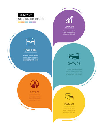 Infographics speech bubbles timeline with 5 number data template. Illustration abstract background.のイラスト素材