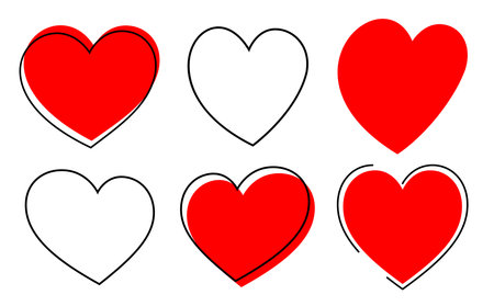 Red heart symbol set. Love icon hand drawn isolated on white background.のイラスト素材