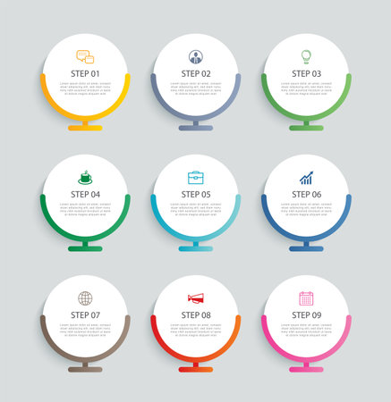 Infographics circle timeline with 9 number data template. Illustration abstract background.のイラスト素材