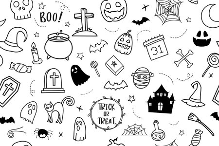 Halloween hand drawn pattern seamless background. Cover halloween doodle style for textile fabric cute design.のイラスト素材
