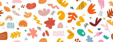 Abstract cute shape doodle fun hand drawn in pattern seamless background. Autumn Fun illustration for children pattern design.のイラスト素材