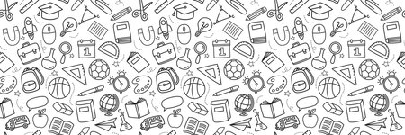 Back to school seamless pattern doodle style background. Education hand drawn objects and symbols with thin line.のイラスト素材