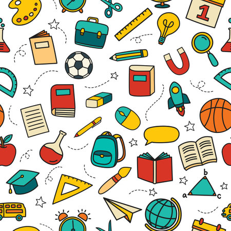Back to school seamless pattern doodle style background. Education hand drawn objects and symbols icon.のイラスト素材