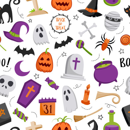 Halloween hand drawn pattern seamless background. Cover halloween doodle style for textile fabric cute design.のイラスト素材