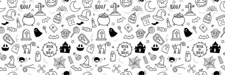 Halloween hand drawn pattern seamless background. Cover halloween doodle style for textile fabric cute design.のイラスト素材