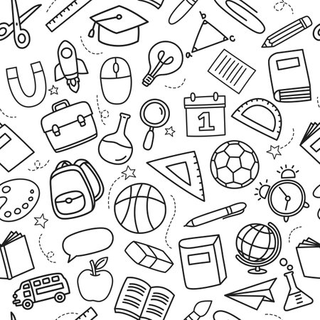 Back to school seamless pattern doodle style background. Education hand drawn objects and symbols with thin line.のイラスト素材