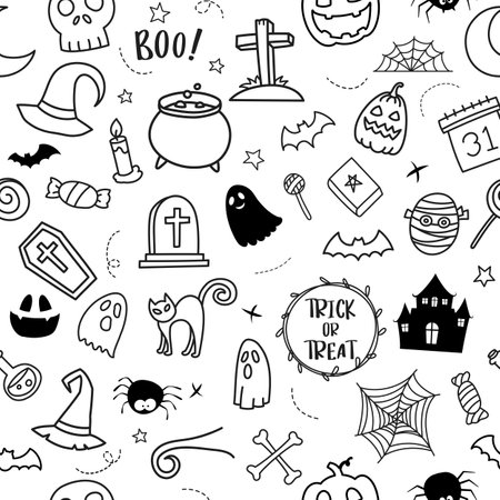 Halloween hand drawn pattern seamless background. Cover halloween doodle style for textile fabric cute design.のイラスト素材