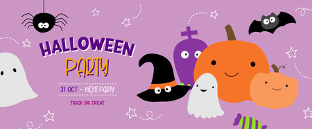 Halloween party banner for kids, hand drawn style, cute background design.のイラスト素材
