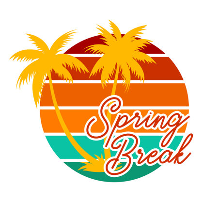 Spring break graphic design t-shirt background. Happy spring break with palm trees and beach design.のイラスト素材