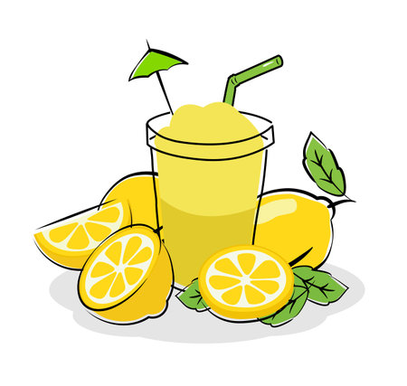Lemonade juice with slices of lemon set on white background.のイラスト素材