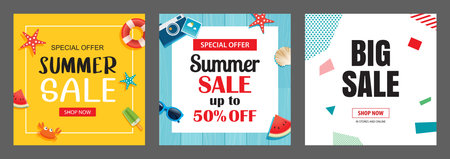 Summer sale banner templates for social media advertising. Set of sale banner with tropical and beach elements.のイラスト素材