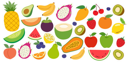 Set of summer fruits illustration background. Collection of different tropical fruits.のイラスト素材