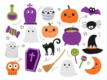 Halloween cute kawaii cartoon flat icon set.のイラスト素材