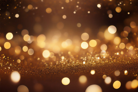 Golden sparkle illuminating an elegant dark space background.の素材