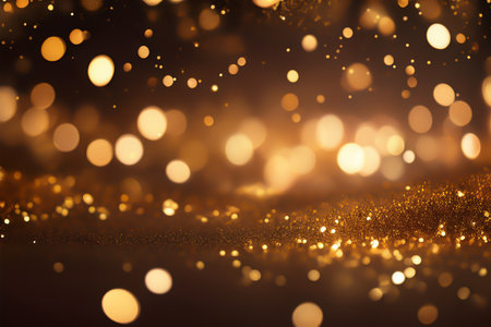 Golden sparkle illuminating an elegant dark space background.の素材