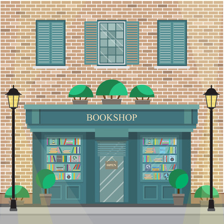 Facade of the building with bookshop on the ground floor.のイラスト素材