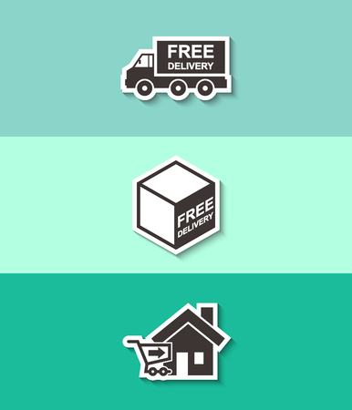 Free delivery sign on package box and truck vector icon. Three flat design icons with shadow.のイラスト素材