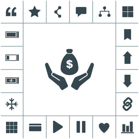 Money bag in hand vector icon. Hand holds cash bag in dollars symbol. Money insurance sign.のイラスト素材