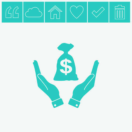 Money bag in hand vector icon. Hand holds cash bag in dollars symbol. Money insurance sign.のイラスト素材