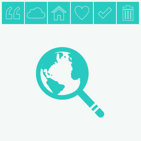 Global search vector icon. World globe symbol. Earth with magnifying glass search icon.のイラスト素材