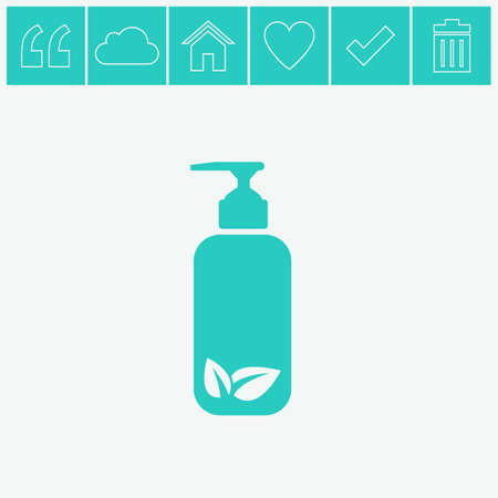 Shower Gel, Liquid Soap, Lotion, Cream, Shampoo, Bath Foam. Vector icon with bio symbol.のイラスト素材