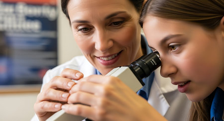 Female scientist looking through microscope in laboratory. Young female scientist examining microscope in laboratory. Scientific research and development conceptの素材