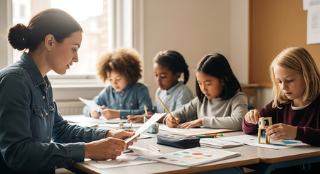 Young female teacher helping her students with their homework in the classroom.の素材