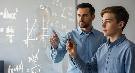 Handsome young teacher pointing at whiteboard with formulas on itの素材
