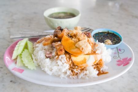 Crispy pork with rice and sauce の写真素材