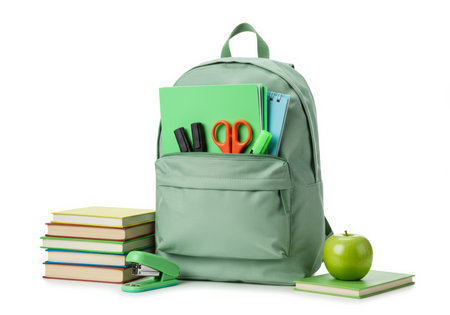 School backpack with stationery on white background. Back to school conceptの素材