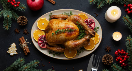 Roasted turkey or chicken with orange and pomegranate. Christmas dinnerの素材