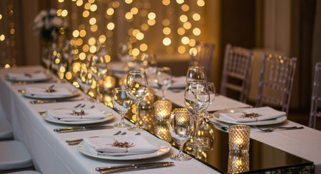 Wedding Banquet Table Decorated with Tableware and Glassesの素材