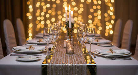 Wedding Banquet Table Decorated with Golden Lights and Candlesの素材