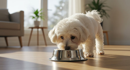 Cute little Maltese dog eating from bowl at home, closeupの素材