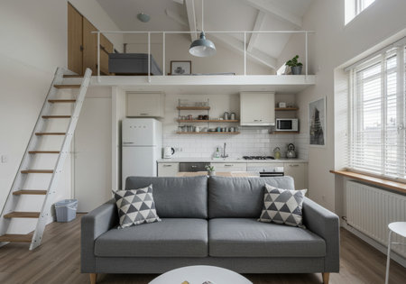 interior of modern house, living room, kitchen and dining areaの素材