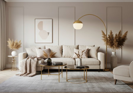 Interior of modern living room with beige sofa 3d renderの素材