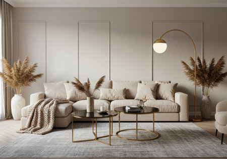 Interior of modern living room with beige sofa, coffee table, carpet and golden lamp. 3d renderの素材