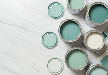 Cans of paint on white marble background, top view with copy spaceの素材