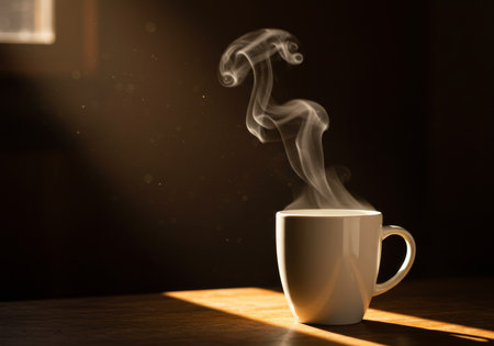 Coffee cup with steam on wooden table and dark background.の素材