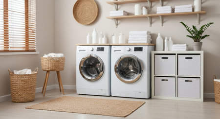 Laundry room interior with washing machine and towels on wooden floorの素材