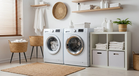 Laundry room interior with washing machine, towels and wicker basketsの素材