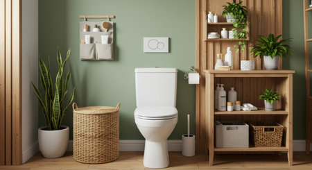Bathroom interior with toilet bowl and green wall, 3d renderの写真素材