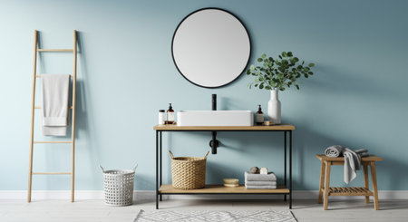 Interior of modern bathroom with blue walls, tiled floor, round mirror and shelf with towels. 3d renderの写真素材