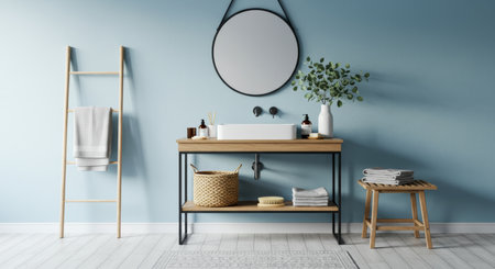 Interior of modern scandinavian bathroom with blue walls, white wooden floor, round mirror and shelf with towels. 3d renderingの写真素材