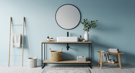 Interior of modern bathroom with blue walls, tiled floor, round mirror and shelf with towels. 3d renderingの写真素材
