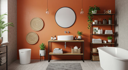 Bathroom interior with orange walls, tiled floor, comfortable bathtub and round mirror. 3d renderの写真素材